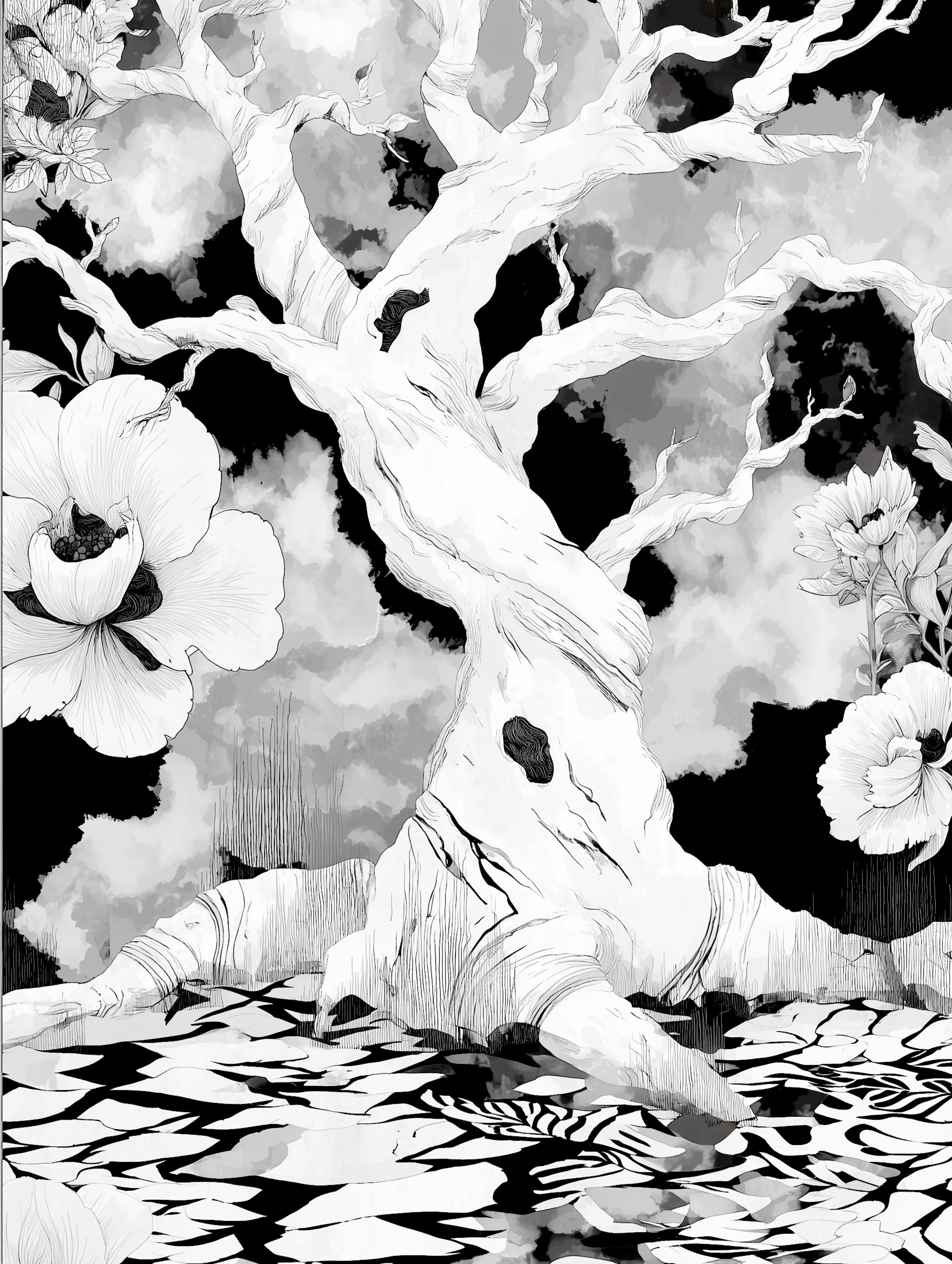 Free printable dead tree coloring page for adults featuring twisted wide trunk dead tree